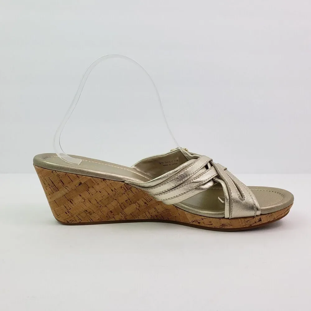 Cole Haan Womens Size 11 Gold Slip On 3 In Cork Wedge Platform Sandals